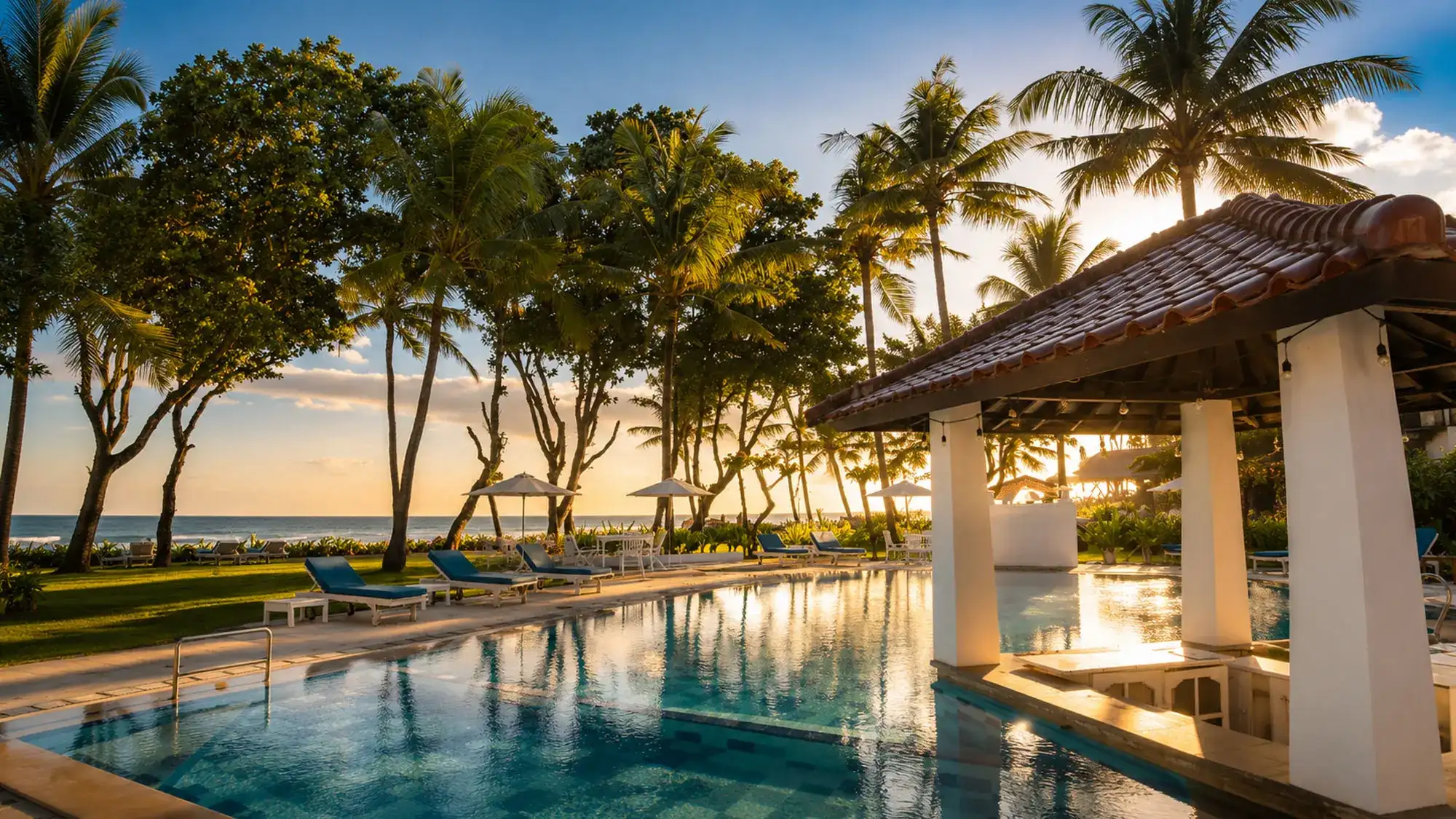 Beachfront view of Legong Keraton Beach Hotel on Berawa Beach, Bali