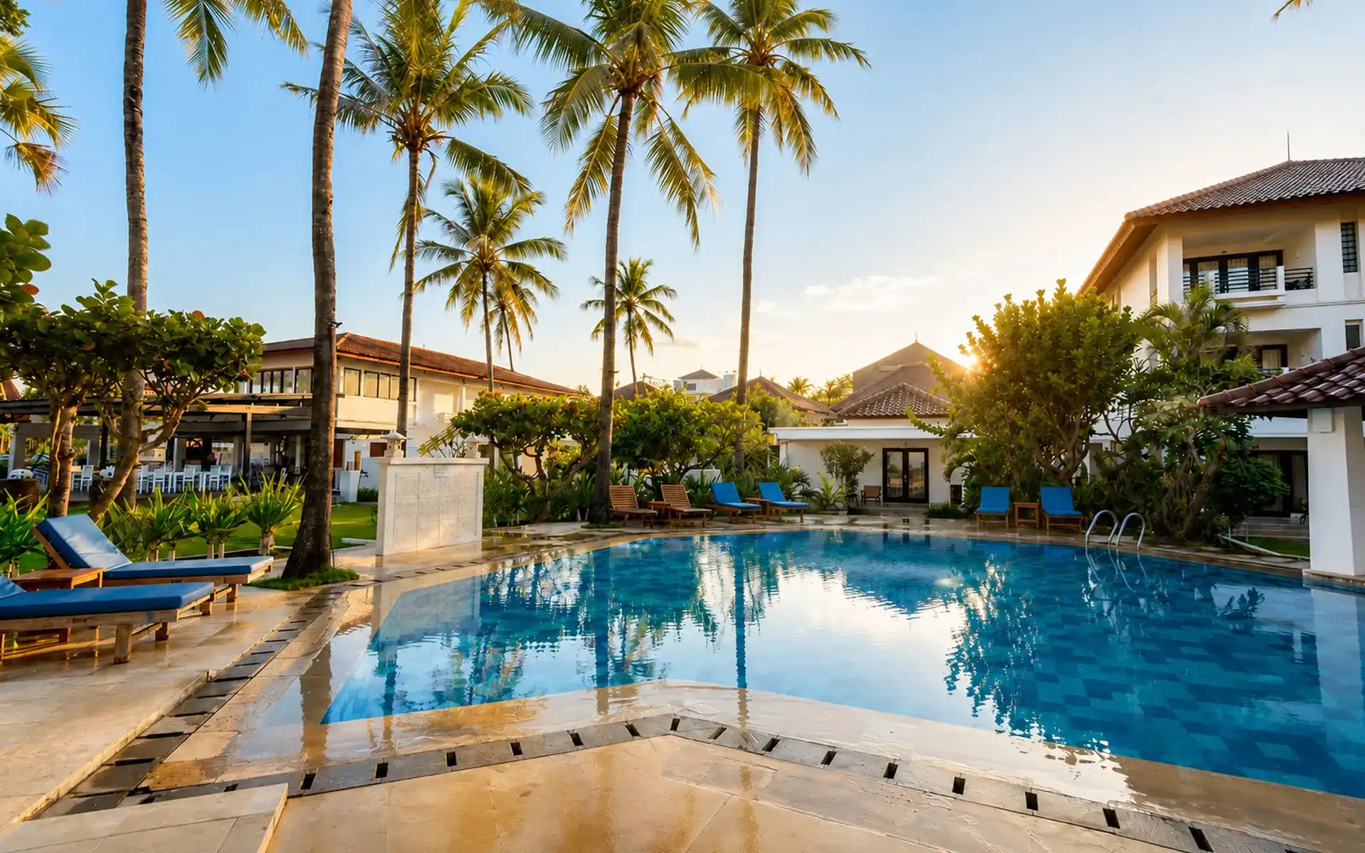Beachfront swimming pool at Legong Keraton Beach Hotel overlooking Berawa Beach, Bali